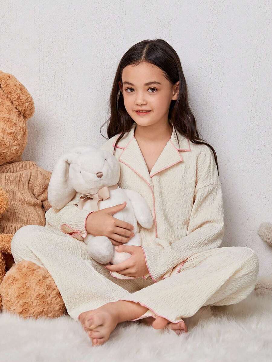 SHEIN Leap Crew 女大童1入組拼接滾邊落肩袖睡衣套裝 - 杏色 - 查看 1