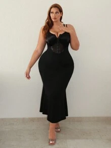 SHEIN SXY Plus Contrast Mesh Mermaid Hem Cami Dress - Black - View 5