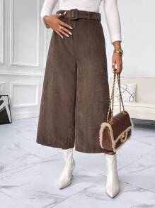 SHEIN Essnce 腰帶闊腿褲 - 摩卡棕 - 查看 6