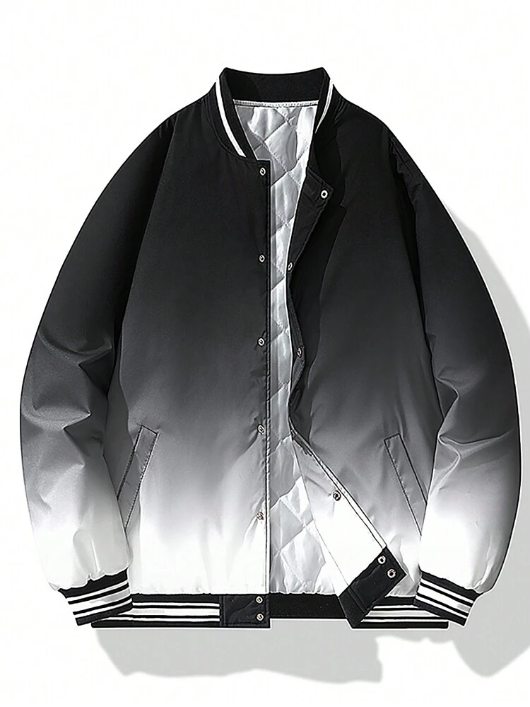 Ultra Loose Men's Ombre Striped Trim Baseball Collar Padded Coat Without T-Shirt