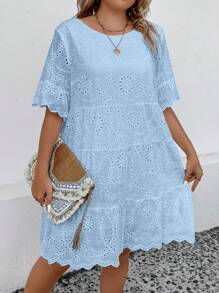 SHEIN LUNE Hơn Lỗ gắn thêu Xù Hoa Sen Đầm Không có thắt lưng - Màu xanh nhạt - Xem 4