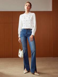 MOTF PREMIUM STUDDED FRILL-NECK BLOUSE