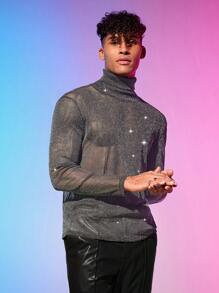 FeverCity Men High Neck Glitter Mesh Tee - Dark Grey - View 4