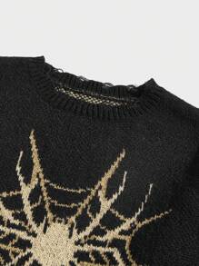 ROMWE MEN Goth Men Spider Web Pattern Drop Shoulder Sweater - Black - View 5