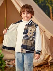 SHEIN Young Boy 1pc Plaid & Letter Graphic Striped Trim Varsity Jacket - Multicolor - View 7