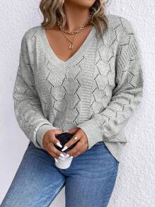 SHEIN LUNE Plus Pointelle Knit Drop Shoulder Sweater, For Winter Knit Pullover Fall Outfit - Light Grey - View 3