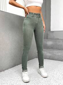 EMERY ROSE Blugi skinny cu talie înaltă, stil casual pentru femei, pentru naveta zilnică, culoare solidă, simpli, - Verde măsline - Vizualizare 5