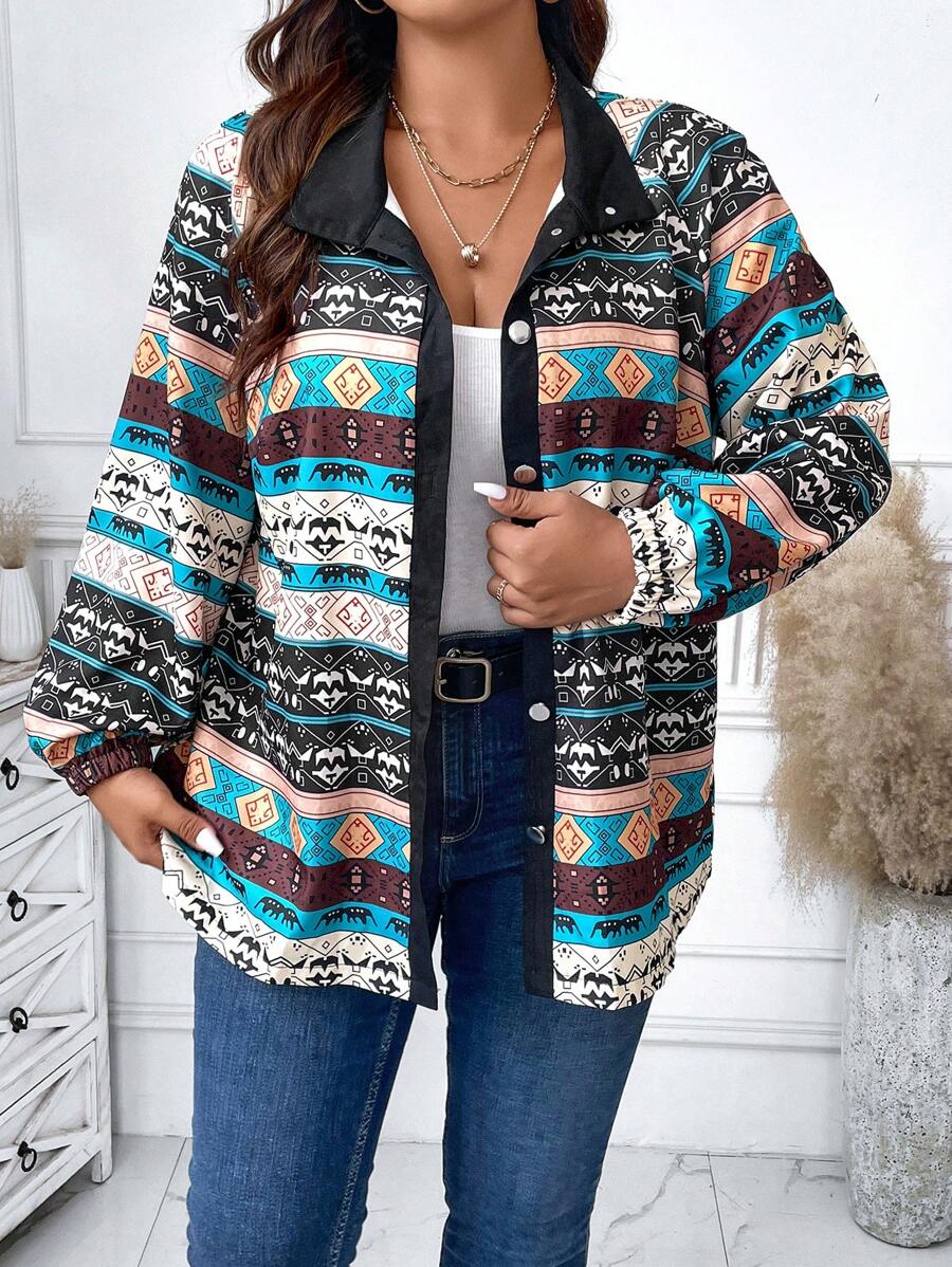 Calvaya Plus Geo Print Lantern Sleeve Coat - Multicolor - View 1