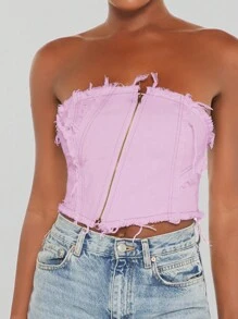 SHEIN BAE Zip Up Raw Hem Tube Top - Baby Pink - View 4