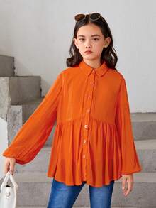 SHEIN Cô gái Tween Tay áo lồng đèn Xù Hoa Sen Áo Blouse Smock - Màu Cam cháy - Xem 4
