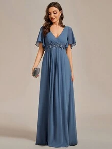 Elegant Winter V-Neck Embroidered Ruffle Sleeve Pleated Chiffon Slate Blue Bridesmaid Dress, Wedding Guest Dress, Semi-Formal Evening Gown, New Year Dress - Dusty Blue - View 6