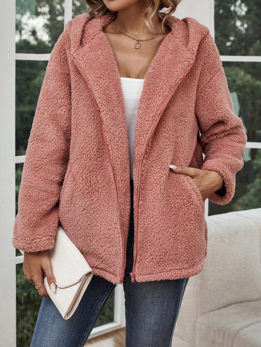 SHEIN LUNE 落肩袖連帽絨毛外套 - 粉色 - 查看 1