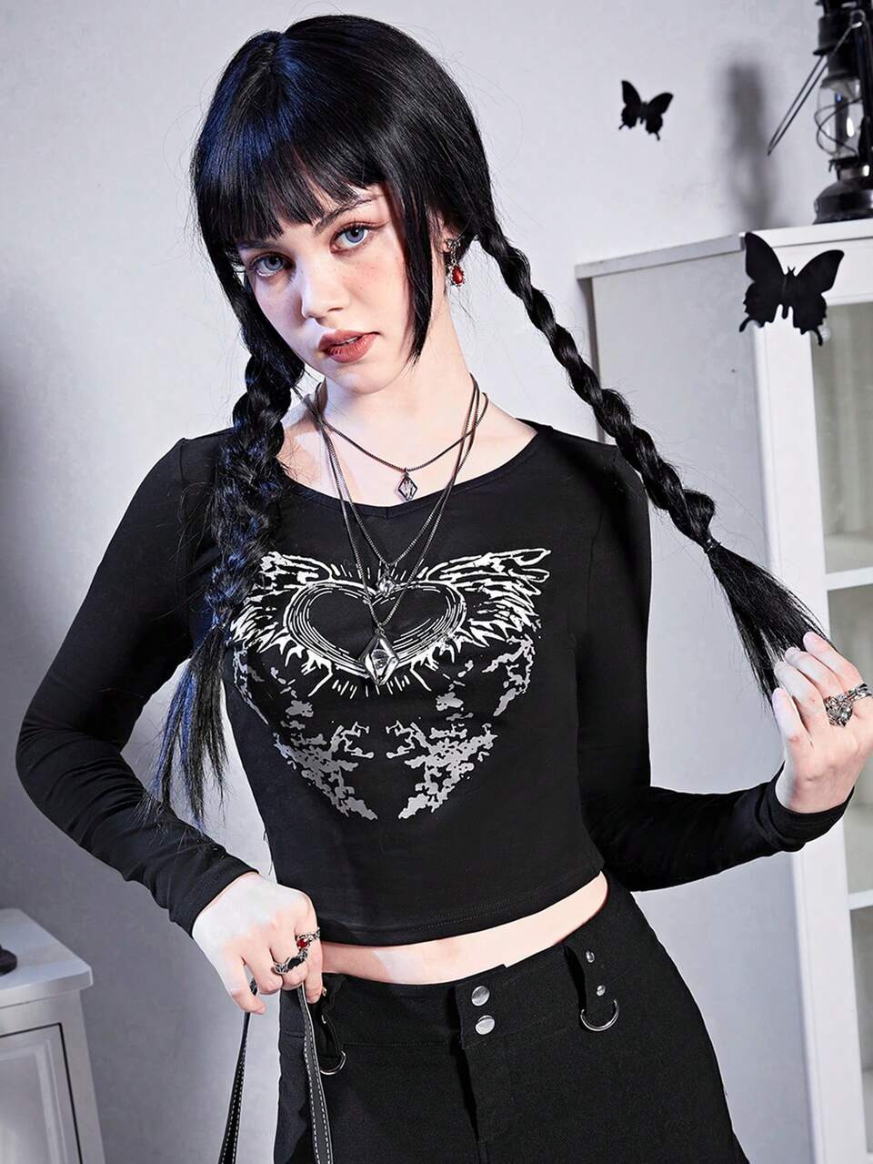 Teen Girl Knitted Heart & Wing Print Round Neck Long Sleeve T-Shirt
