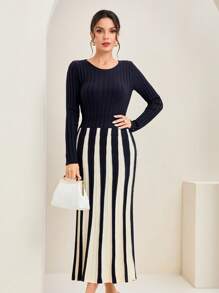 Modelyn Mẫu sọc Đầm Áo len - Xanh đậm - Xem 1