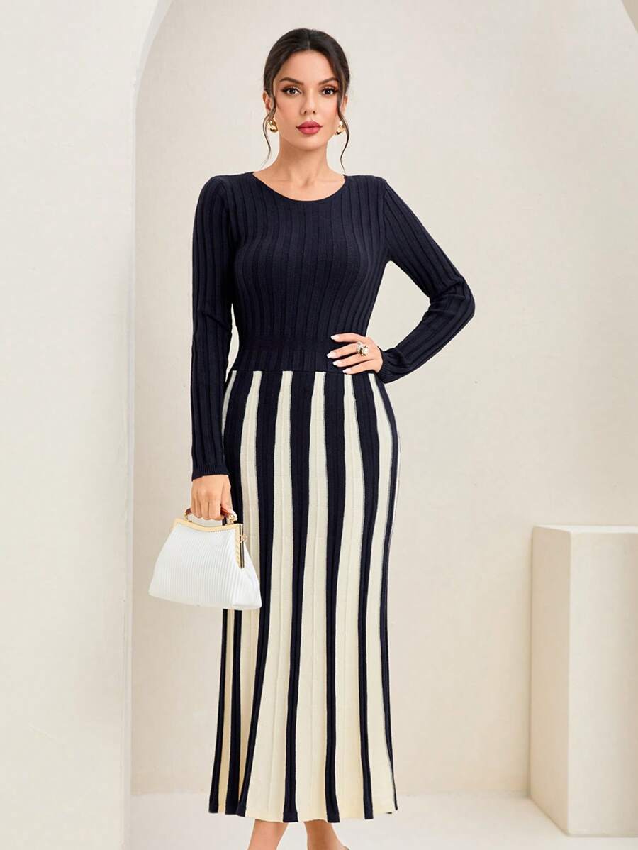 Modelyn Mẫu sọc Đầm Áo len - Xanh đậm - Xem 1