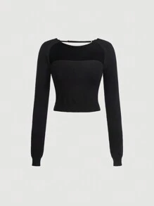 SHEIN MOD Suéter corto con abertura delantera unicolor - Negro - Ver 1