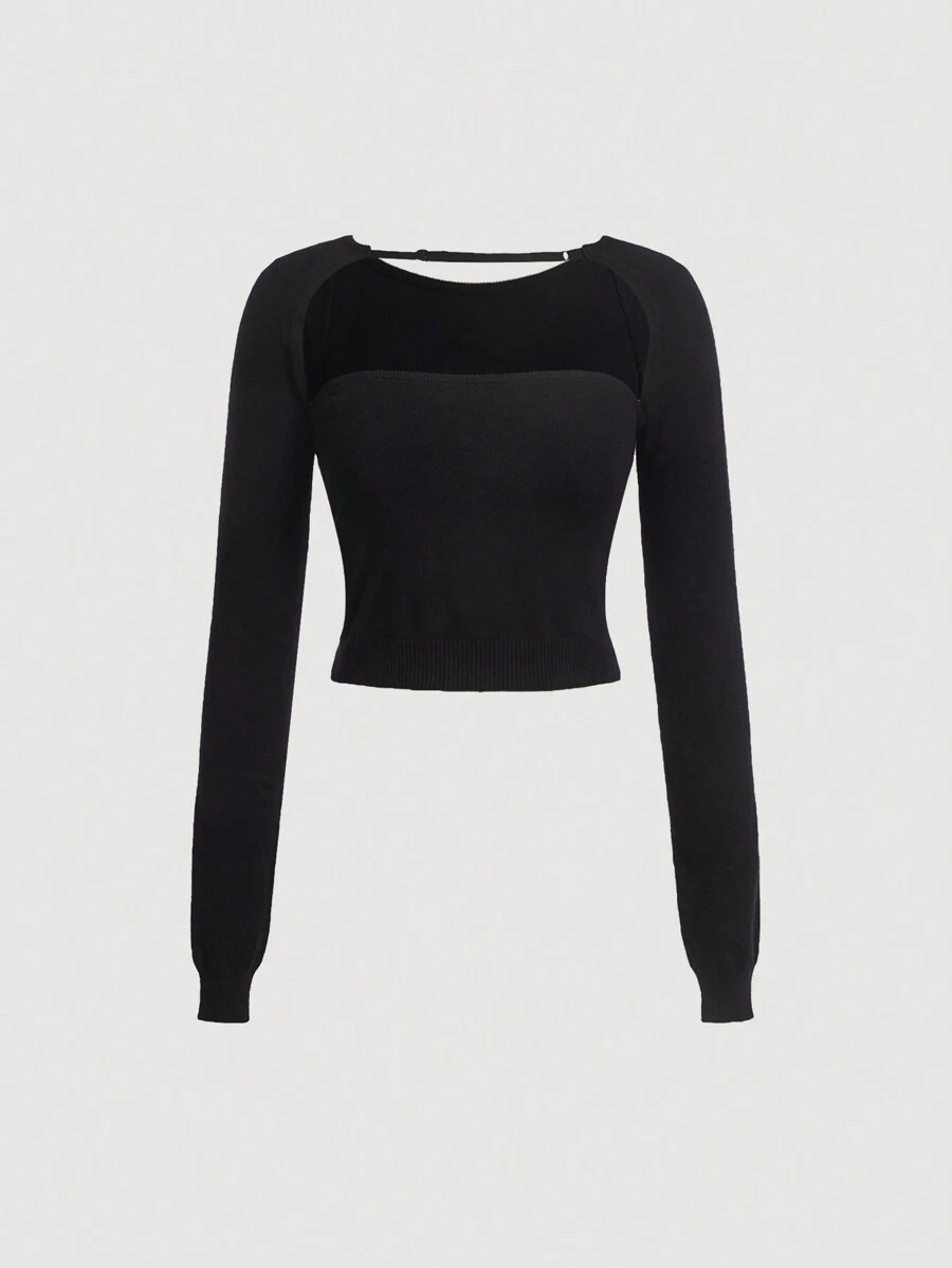 SHEIN MOD Suéter corto con abertura delantera unicolor - Negro - Ver 1