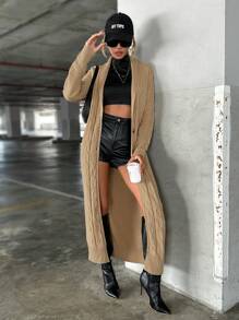 SHEIN Essnce 绞花针织落肩开衫 - 卡其色 - 查看 3