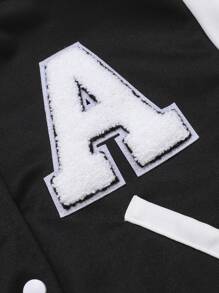 SHEIN 女大童字母貼布條紋飾邊落肩袖夾克和運動褲 - 黑色 - 查看 3