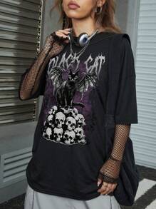 ROMWE Goth Skull & Cat Print Drop Shoulder Tee - Black - View 4