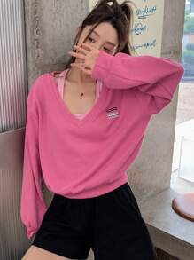 DAZY 字母貼布落肩袖二合一運動衫 - 粉色 - 查看 2