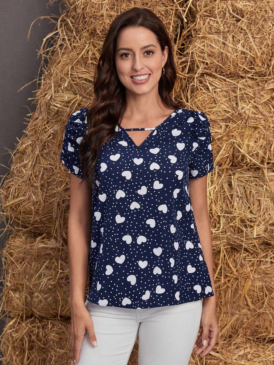 EMERY ROSE Polka Dot & Heart Print Keyhole Neckline Puff Sleeve Blouse - Blue - View 1