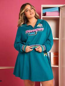 THE POWERPUFF GIRLS X SHEIN 大碼字母圖案落肩袖套頭衫&半身裙 - 綠色 - 查看 3