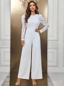 SHEIN Belle 蕾絲拼接闊腿連體褲