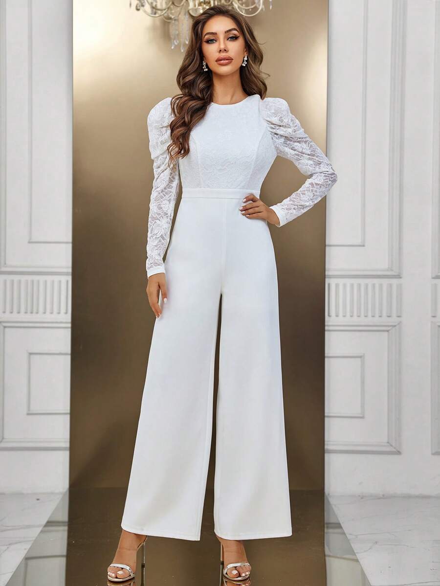 SHEIN Belle 蕾絲拼接闊腿連體褲