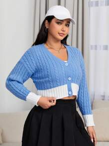 SHEIN EZwear 大碼拼接邊麻花編織落肩袖短款開衫 - 藍色 - 查看 5