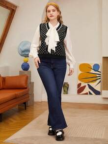 SHEIN MOD 大碼卡通圖案條紋飾邊毛衣背心無襯衫 - 黑與白 - 查看 3