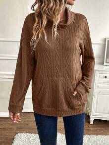 SHEIN LUNE Cổ bò Thả vai Túi kangaroo Áo nỉ - màu nâu - Xem 5