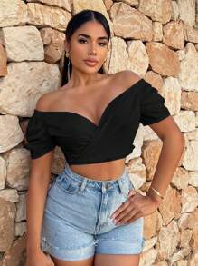 SHEIN SXY 一字肩泡泡袖短款襯衫 - 黑色 - 查看 1