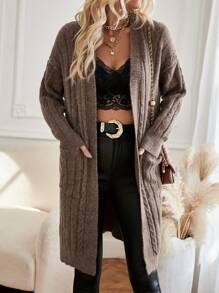 SHEIN Privé Dual Pocket Drop Shoulder Cardigan - Coffee Brown - View 1