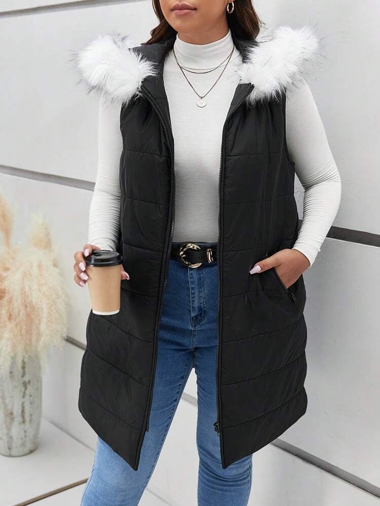 SHEIN Frenchy Talla grande Abrigo chaleco acolchado ribete lanudo con capucha - Negro - Añade 4