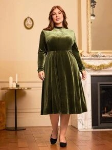EMERY ROSE 大碼小高領絲絨洋裝 - 軍綠色 - 查看 4