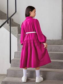 SHEIN Chica preadolescente Vestido camisero de manga farol bajo con fruncido - Rosa Fucsia - Ver 7