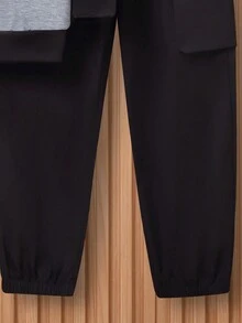 SHEIN Tween Boy Two Tone Patch Detail Sweatshirt & Flap Pocket Sweatpants - Black - View 6