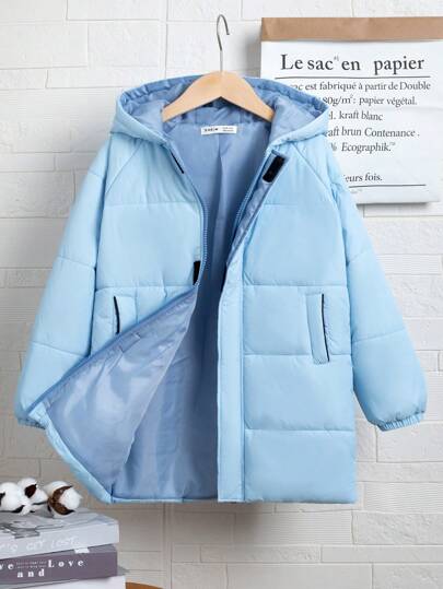 SHEIN 青少年男童纯色连帽保暖冬季派克大衣，中长款加厚保暖外套