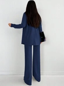 1pc Solid Button Front Shirt & 1pc Wide Leg Pants - Blue - View 2