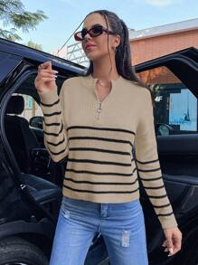 SHEIN Unity Suéter de punto con cremallera media y hombros caídos, con patrón de rayas, para otoño e invierno - Caqui - Ver 7