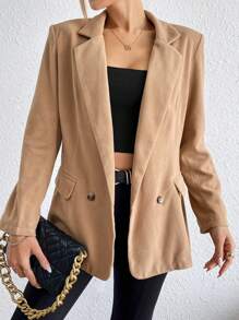 SHEIN Essnce Lapel Neck Double Button Flap Detail Blazer - Camel - View 4