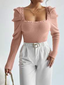 SHEIN Privé 珍珠珠飾方領泡泡袖羅紋針織毛衣 - 珊瑚粉 - 查看 3