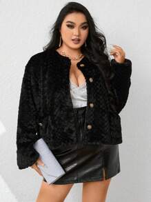 SHEIN BAE Áo khoác ngoài thường ngày bằng lông nhân tạo màu trơn cỡ lớn cho mùa thu/đông - màu đen - Xem 7