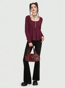 ROMWE Scoop Neck Peplum Hem Tee - Burgundy - View 4