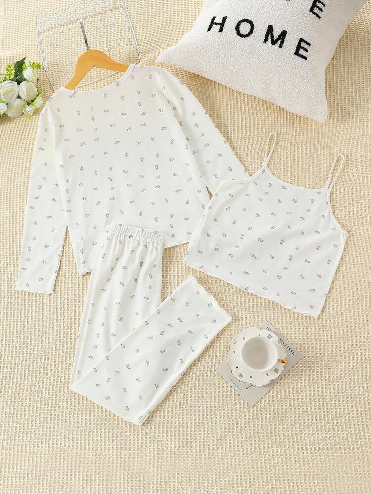 Teen Girl Ditsy Floral Print Cami Top & Pants & Button Front Tee PJ Set