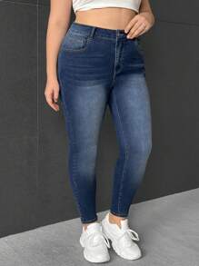SHEIN EZwear Hơn Cao eo Quần jean ôm - Màu xanh lam - Xem 5