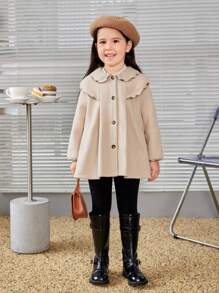 SHEIN Young Girl 1pc Scallop Trim Peter Pan Collar Overcoat - Apricot - View 3