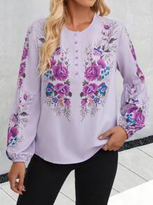 EMERY ROSE Floral Print Lantern Sleeve Blouse - Mauve Purple - View 4