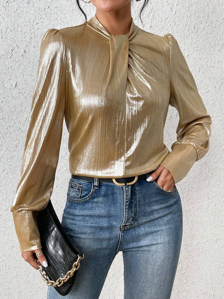 Twist Front Lantern Sleeve Metallic Blouse